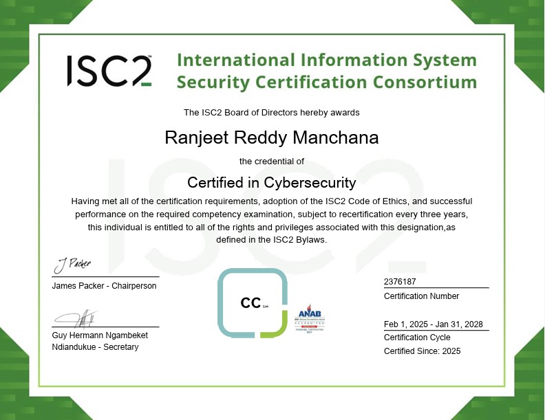 ISC2 Certified in Cybersecurity (CC) certificate